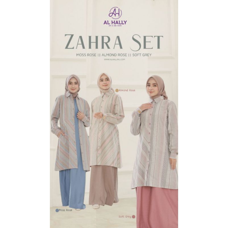 (COD) READY ‼️ AL HALLY ZAHRA SET Soft Grey, Moss Rose, Almond Rose ll Dress busana muslim outer inn