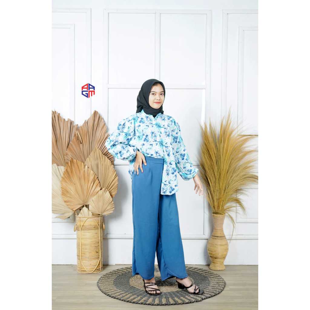 ONE SET YURIKO VIRAL / SETELAN KEMEJA WANITA MOTIF KOMBINASI POLOS BAHAN CRINKLE AIRFLOW TERLARIS / 
