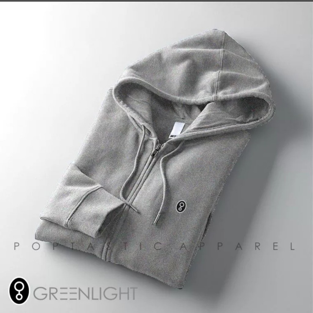 GreenLight Sweater Hoodie Distro Uniseks Pria/Wanita Terlaris Zipper Ritsleting Warna Abu Abu Bahan 