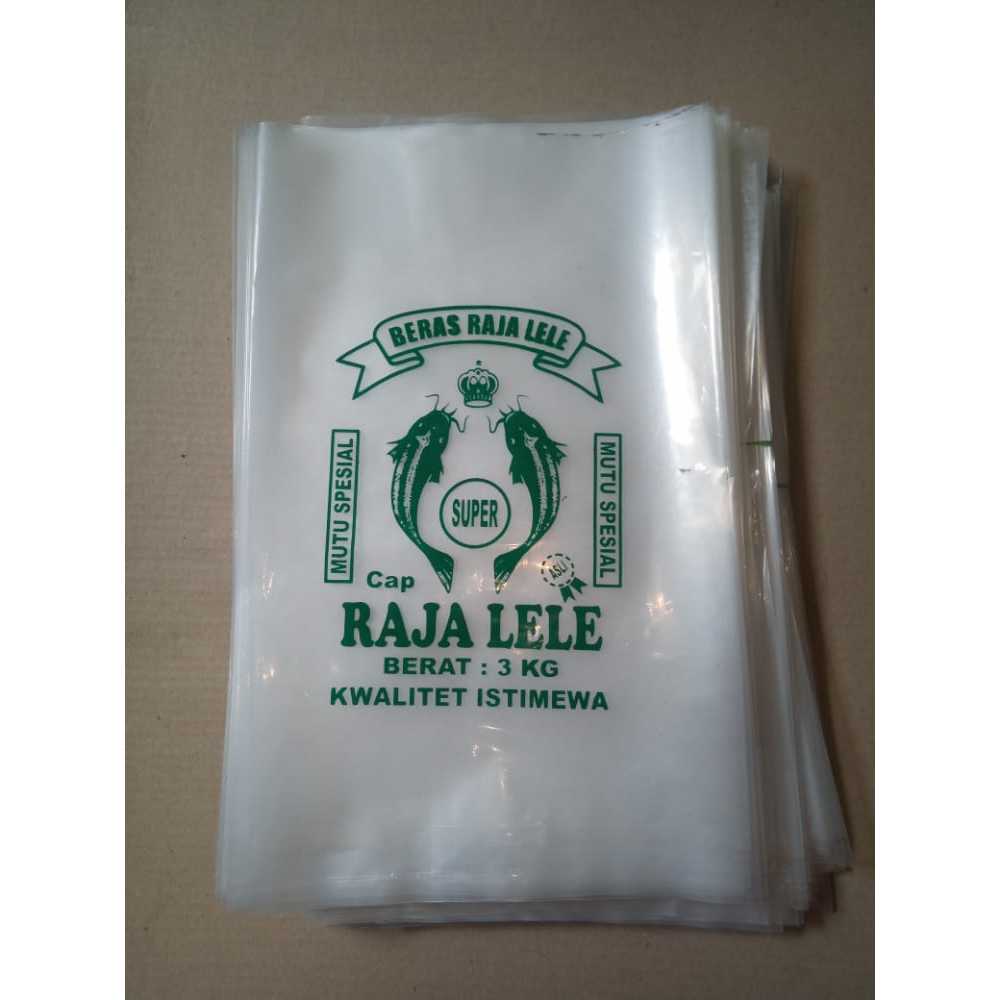 Plastik Beras Kemasan 3 kg sablon Cap Raja Lele Hijau Tebal Kuat Bisa di jahit Plastik PE Bening