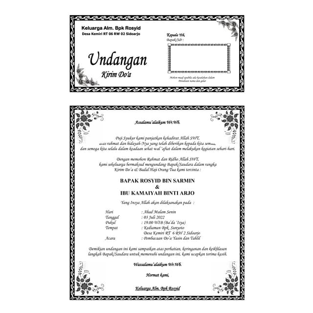 

UNDANGAN TAHLILAN/ UNDANGAN KIRIM DOA/ UNDANGAN TASYAKURAN ISI 100PCS