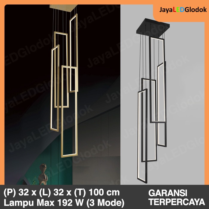 Lampu Gantung Ruang Tamu Void Tangga Susun Kotak Emas Hitam isi 4
