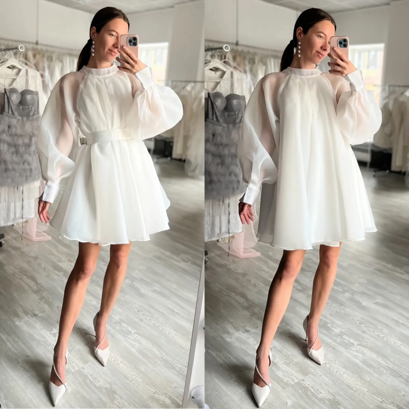 LETTYN DRESS - Dress pesta wanita organza loose mini dress puff long sleeves A line dress party big 