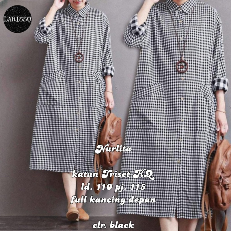 Nurlita midi dress by LARISSO (atasan blouse tunik motif kotak/square bahan katun triset)