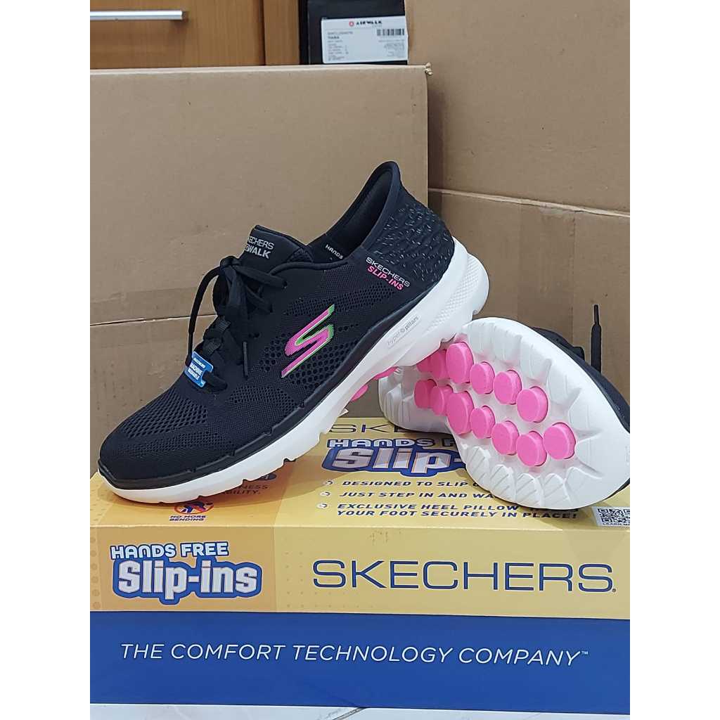 Sepatu Sneakers Wanita SKECHERS GO WALK 6 Vivid Idea ORIGINAL BNIB - Black + Pink
