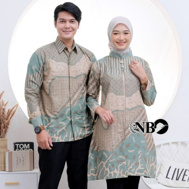 Baju Batik Couple Green Sage Tunik Kemeja Sarimbit Lengan Panjang Motif New Inara Hijau M-XXXL Jumbo