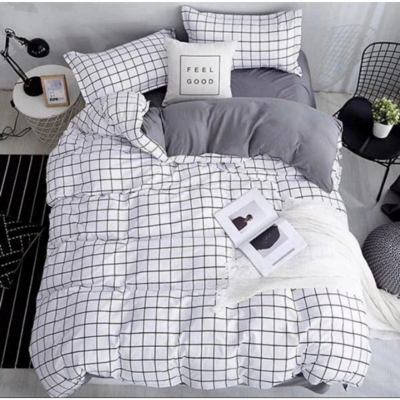 Sprei kotak putih aesthetic.sprei kotak ala korea.sprei set motif kotak