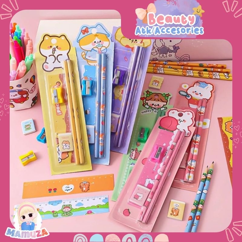

MAMUZA.ID - 5PCS- PENSIL SET ALAT TULIS PENGHAPUS PENGGARIS