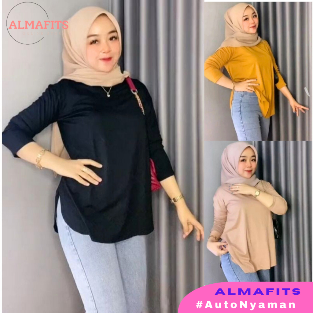 Baju Atasan Kaos Olahraga Polos Belah Samping V Neck Lengan Panjang Fashion Wanita Bahan Spandek Ray