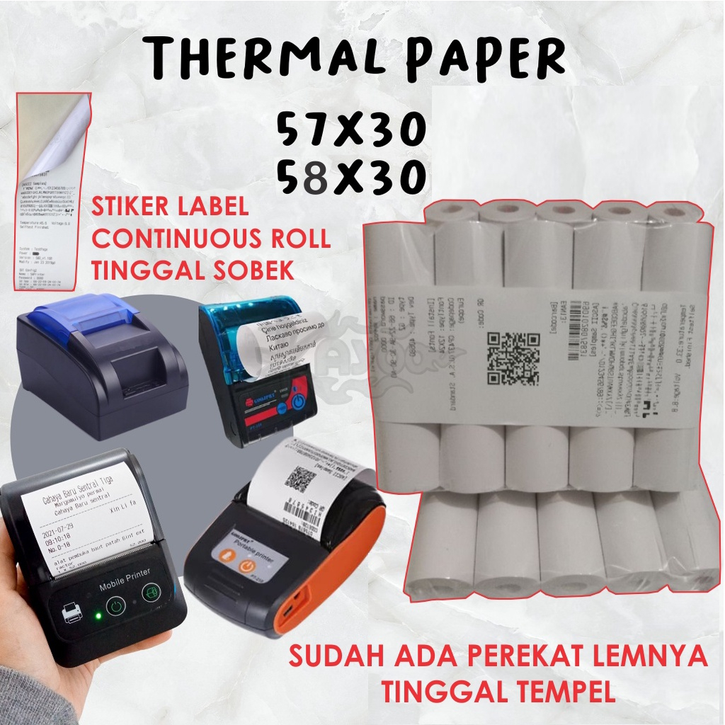 

Label Direct Sticker Thermal 58mm x 5 meter TEBAL Label Kertas Stiker STICKER CORDLESS Thermal 57x30 58x30 58 57mm x 30mm Kertas Termal CETAK RESI