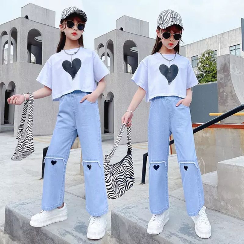 NEW ARRIVAL ONESET SETELAN CELANA JEANS + ATASAN CROP LOVE IMPORT SUPER PREMIUM ANAK CEWE USIA 7 8 9