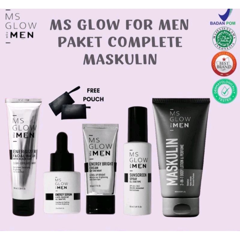 Paket Msglow Men Free Pouch-1 Paket Ms glow Man Lengkap Skincare Pria Ma glow Men Sepaket Mas glow men Komplit Basic Msglowmen