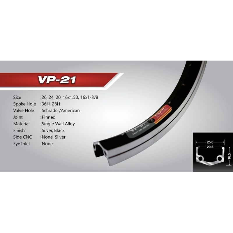 VELG SEPEDA UKURAN VP-21 VELG SEPEDA MINI,BMX,LIPAT UKURAN 20 ALOY ARAYA