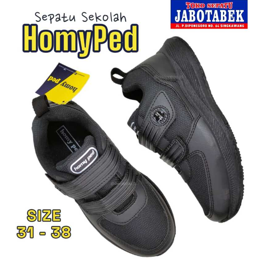 SEPATU SEKOLAH ANAK HOMYPED SIZE 31 32 33 34 35 36 37 38 PEREKAT TEMPEL WARNA HITAM SEMUA ANAK COWOK