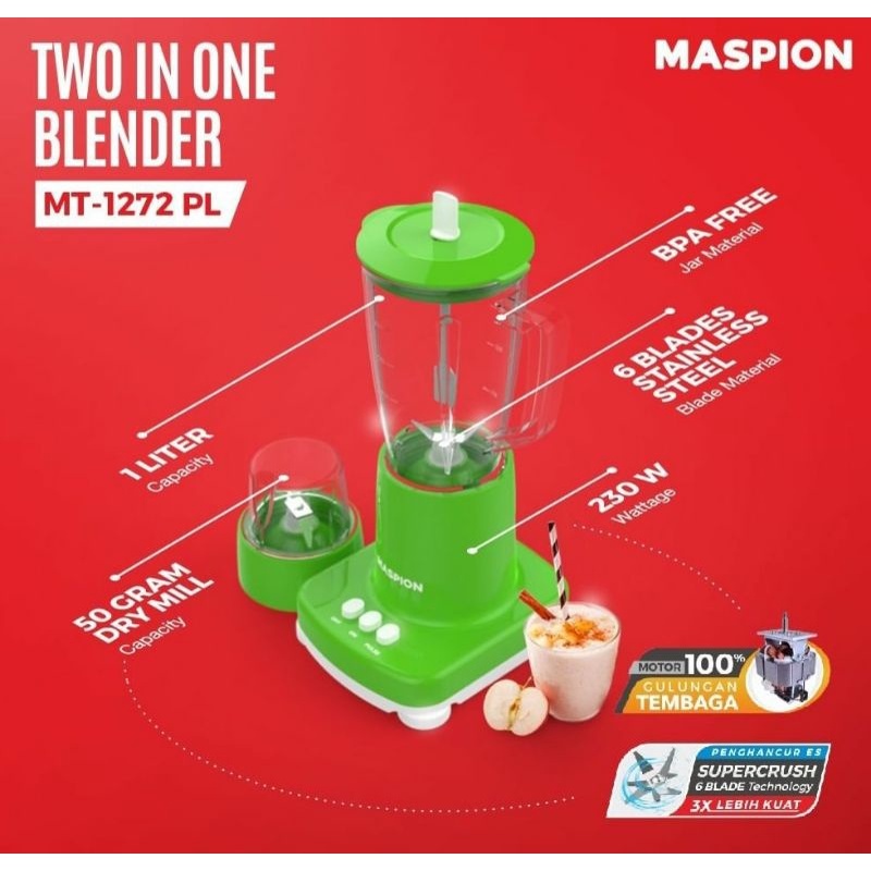 MASPION MT1272PL / BLENDER MASPION PLASTIK 1LITER/ BLENDER MASPION 2IN1 PLASTIK MIKA / PELUMAT MAKAN