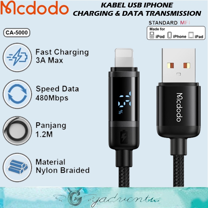 MCDODO BAT Kabel USB To Lightning 3A untuk iPhone 6 7 8 X XR XS Cable Digital Display Battery Level 