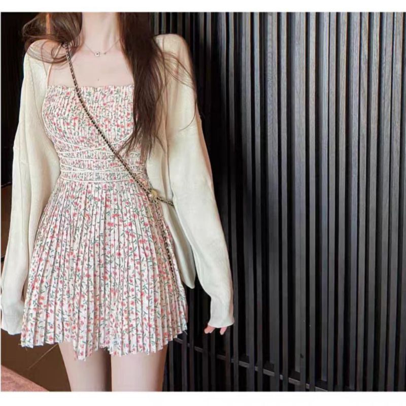 1904 Pakaian mini dress dres lengan tali bunga2 kecil plisket smok smock cantik manis mewah murah re