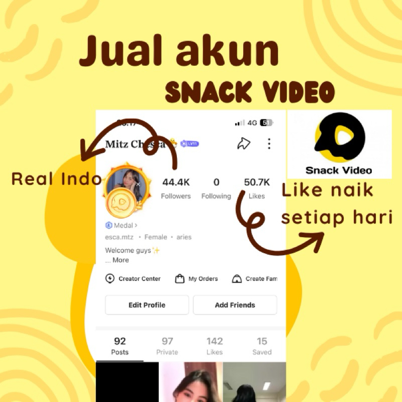 JUAL AKUN SNACK VIDEO AKUN REAL INDO FOLL INDO