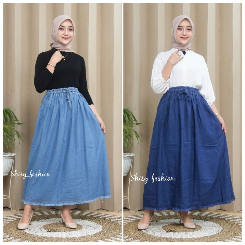 Rok Jeans Jumbo Polos Bawah Rawis Tali Aktif // Rok Jeans Jumbo Wanita Tali Aktif Rawis