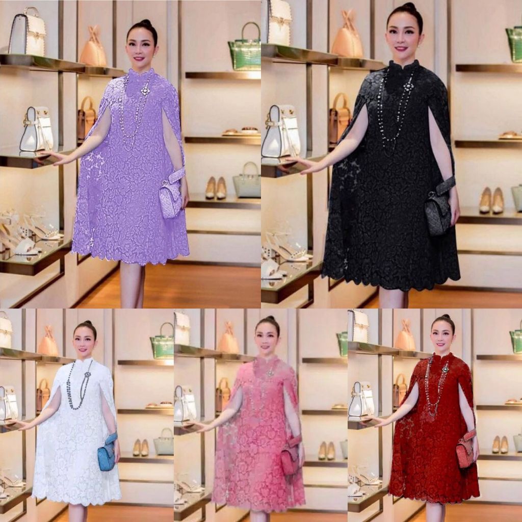 Dress Brukat Kondangan Lengan Panjang Batwing Model Tangan Kelelawar Lebar Korean Style Baju Pesta W