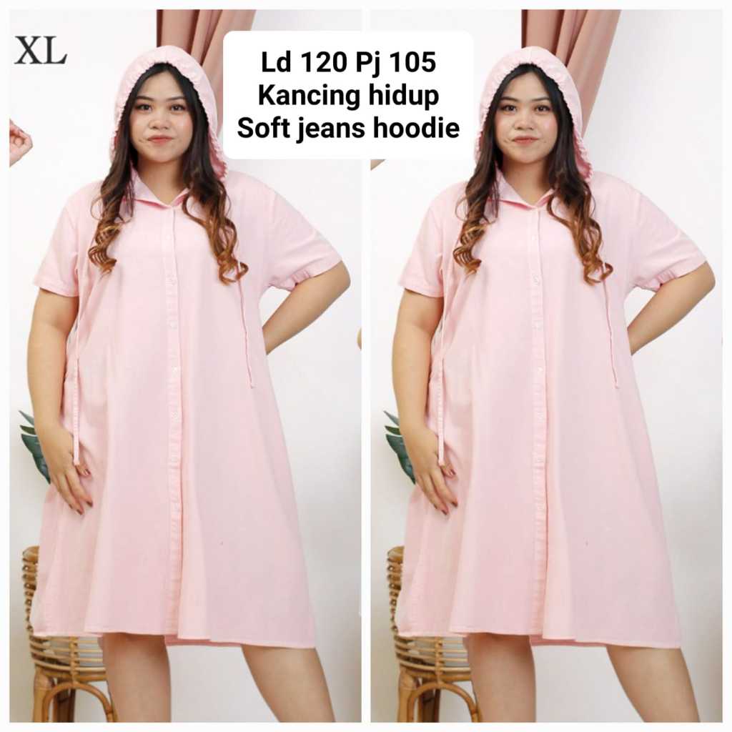 GGT327 Dress Wanita Soft Jeans Warna Full Kancing Jumbo LD120 PJ105 Yellow Blue Pink Hoodie