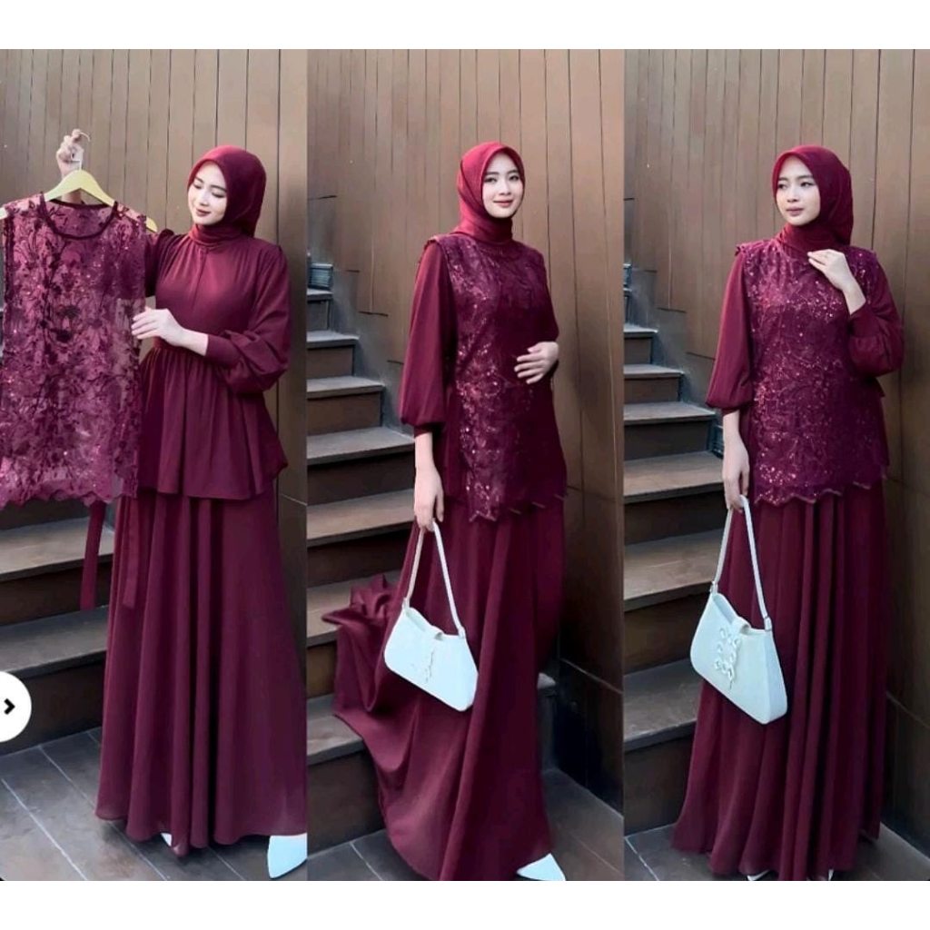 HOB Cintya Set Dress Outer Wanita Bahan Ceruty Babydoll Aplikasi Brukat OUtfit Wanita Gamis Terbaru