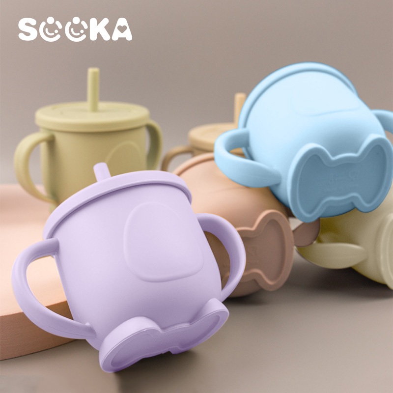 Select x Sooka Gelas bayi silikon dengan sedotan - Gelas silikon dengan sedotan dan motif kartun, anti jatuh dan dapat menempel di meja, gelas bayi yang dapat menjaga suhu tetap awet SK-ECA1090