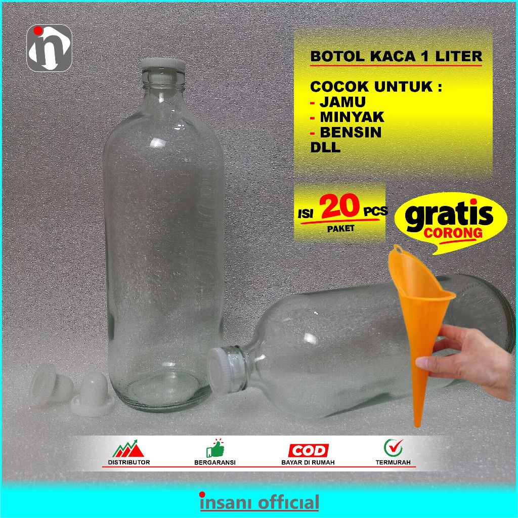 ( PAKET isi 20 Gratis Corong ) Botol Kaca 1 Liter Tutup plug cocok untuk botol bensin - botol minyak