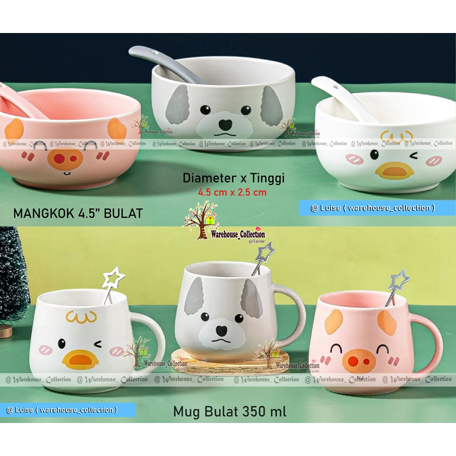 Mug Bulat Keramik/Mangkok bulat + sendok tanpa tutup /mug motif lucu/mug 400ml tanpa tutup/mangkok
