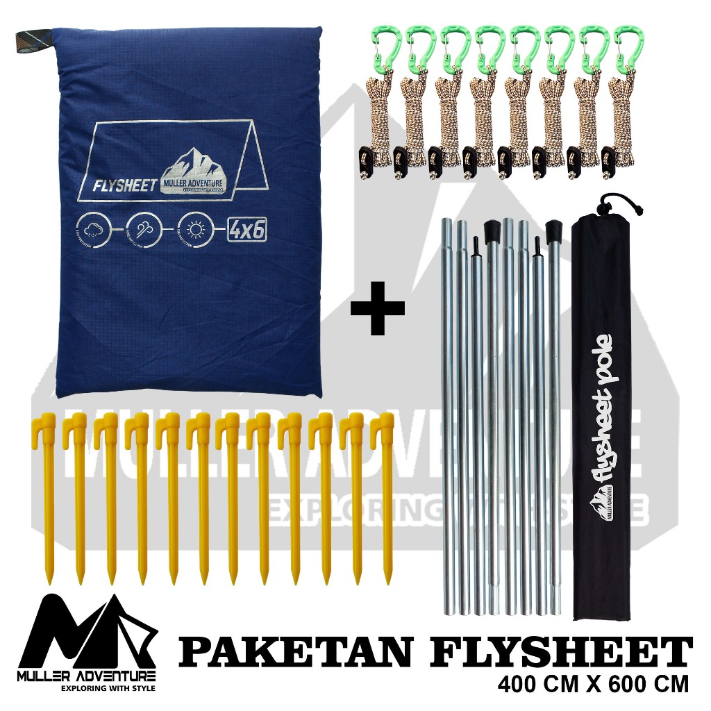 paketan flysheet set 4x6 meter incule tiang, tali flysheet, pasak abs