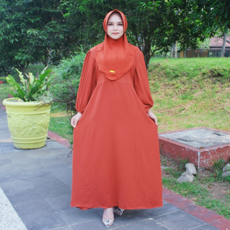Putroelabel - Gamis Lora Premium Bata Set Hijab | Dress Casual Wanita Busui Friendly