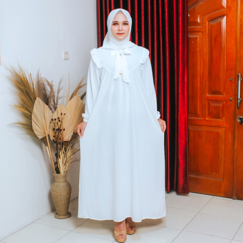 Putroelabel - Gamis Castella Putih Crinkle Premium Set Hijab | Dress Muslim Wanita Terbaru