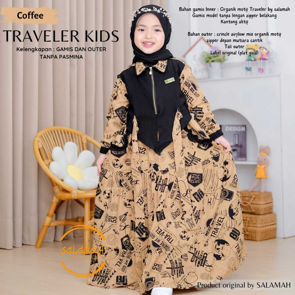 Gamis anak TRAVELER KIDS Non Pasmina | Plat Gold | Gamis dan Outer | usia 2 3 4 5 6 7 8 9 11 - 15 ta