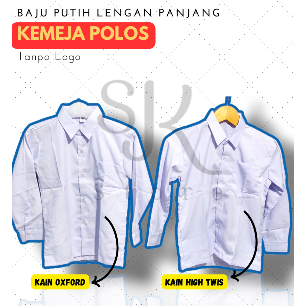 Baju Putih Kemeja Polos Tanpa Logo Untuk Siswa / Karyawan Kain Licin & Oxford