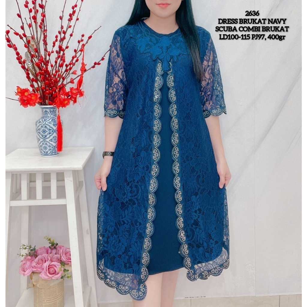Dress 2636 Okky motif bunga-bunga bahan scuba dan brukat import