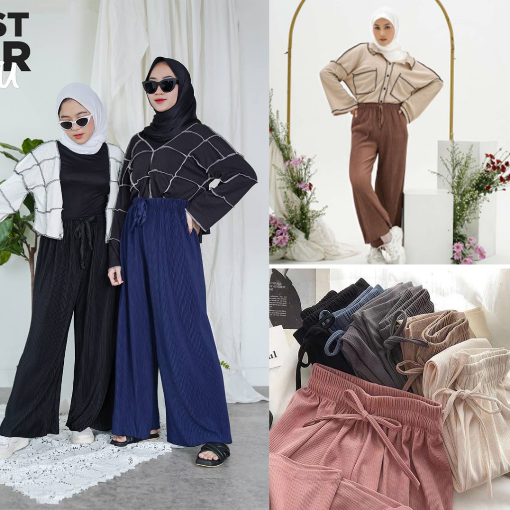 Celana Wanita Kulot Lidi Plisket Premium Nabila Warna Vintage Fit M-XXL Grosir Murah Terbaru Kekinia