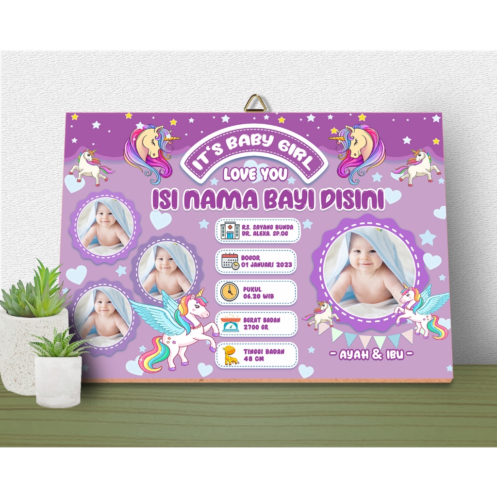 Hiasan biodata bayi lucu - biingkai biodata unik - tema unikorn