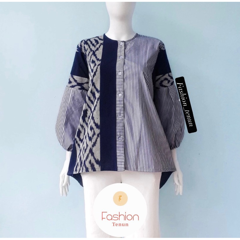Baju Batik Wanita Blus Tenun Kombinasi Katun Salur dan Toyobo Yoona Blus Kerja Batik Kerja Kuliah Ca