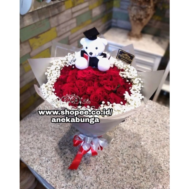 Buket Boneka Toga Wisuda Beruang Bunga Asli Graduation Teddy Bear Doll Fresh Flower Bouquet Bucket H