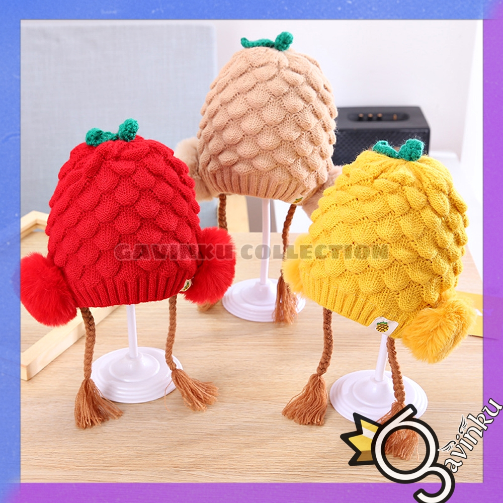 Kupluk Bayi Perempuan Topi Anak Lokal Rambut Kepang Wig Rajut Nanas Lucu Newborn Umur 0 1 2 3 4 5 6 