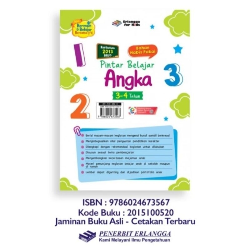 bahan habis pakai pintar belajar angka untuk usia 3-4 tahun penerbit Erlangga for kids