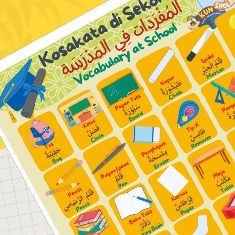 

Poster Bahasa Arab Tema di sekolah3 Bahasa | Poster Edukasi Anak Kun Sholihan