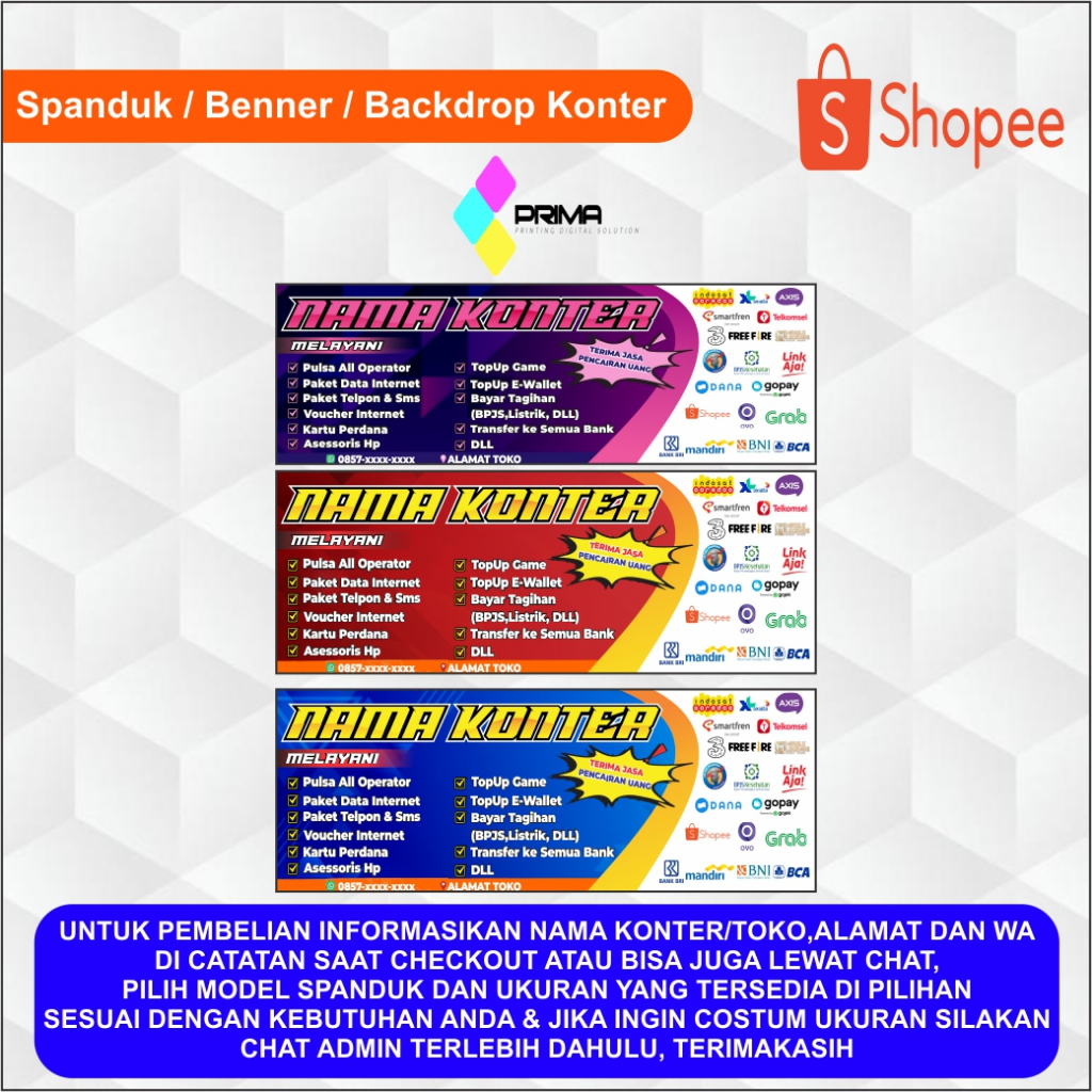 SPANDUK KONTER PULSA /CETAK BANNER KONTER PULSA CUSTOM / HIASAN KONTER PULSA
