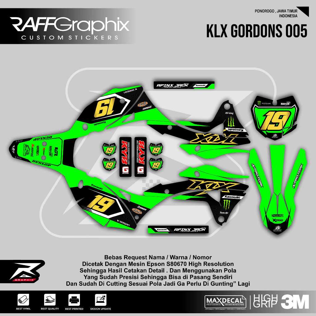 DECAL KLX GORDONS HITAM HIJAU / KLX GORDON ENDURO SUPERMOTO