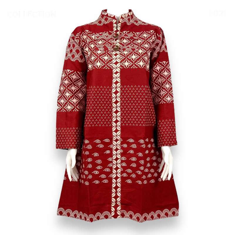 Dress Tunik Batik Wanita Modern Jumbo Ld 150cm Resleting Depan Jumbo Bahan Katun Halus Solo Warna Me