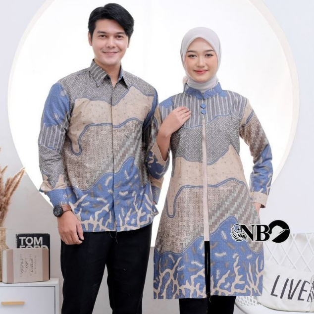 Batik Couple Inara Biru Blue Sky Tunik Kemeja Lengan Panjang Katun M-Jumbo