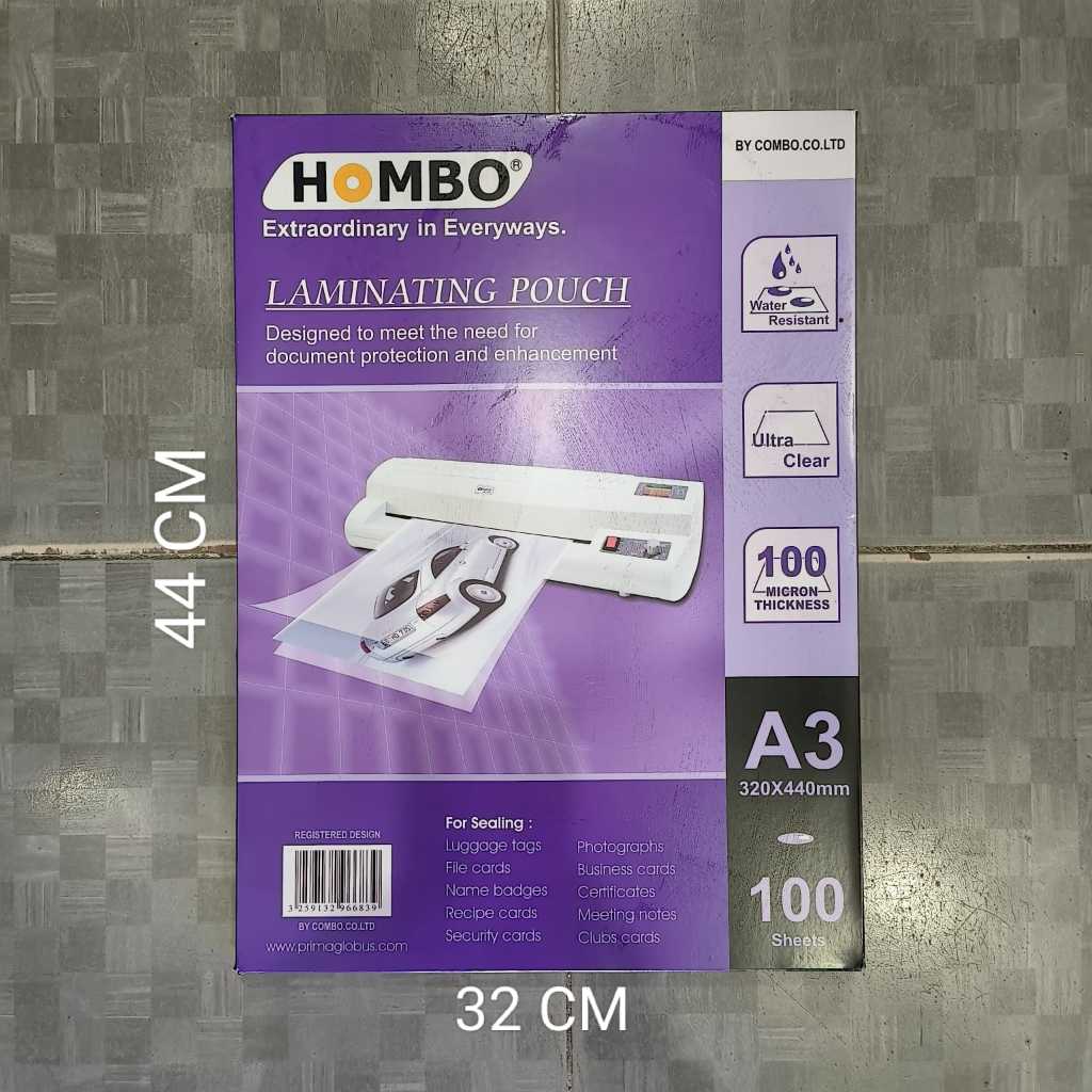 

Plastik Laminating A3 Hombo 100 micron (isi 100 lbr)