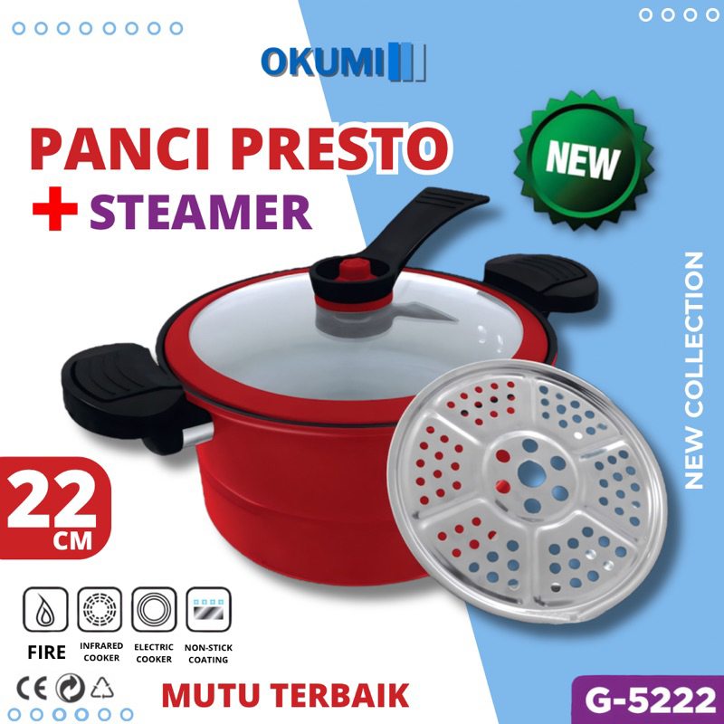 OKUMI Panci Presto Teflon Pressure Cooker 3,5 liter With Steamer Anti Lengket High Quality Panci Tot