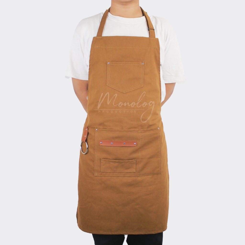 Monolog Apron Custom Barista Bartender Celemek Tali Leher Canvas Leather Pria Wanita Unisex