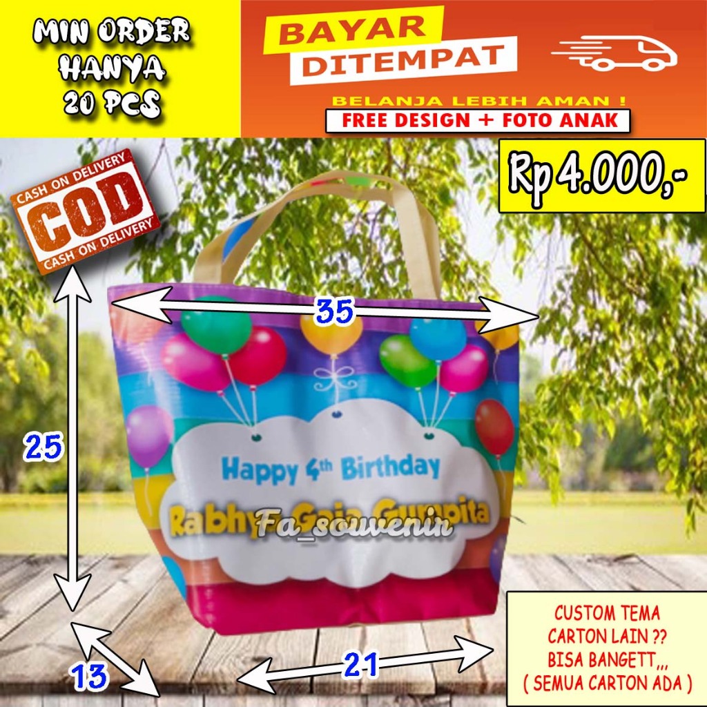 

Tas custom nama Tas Ulang Tahun Terlaris Model Trapesium Pakai Perekat Godiebag ulang tahun murah souvenir ulang tahun anak/ Bingkisan Snack/ Bisa COD